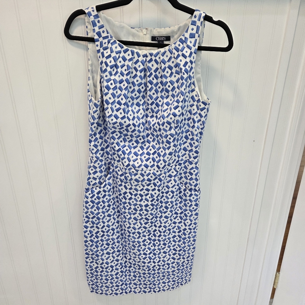 Chaps Blue and White Patterned Dress